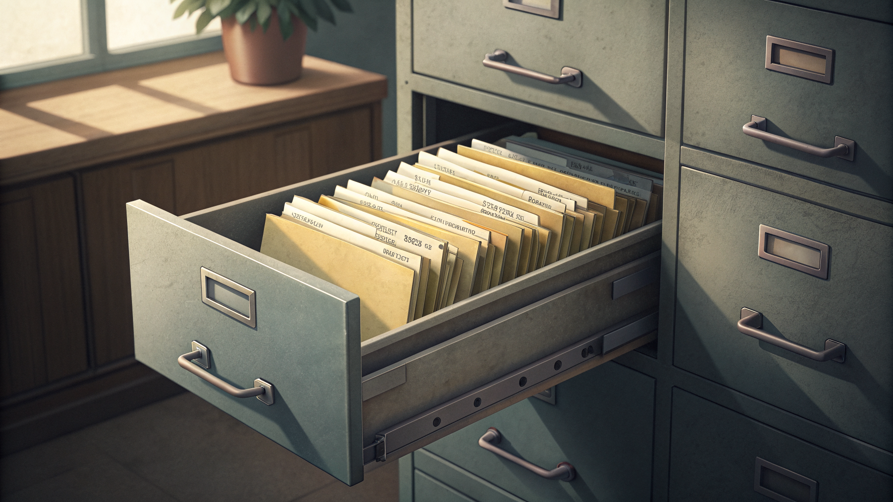 Filing cabinet drawer with folder tabs fading from crisp to faded, representing aging compliance records
