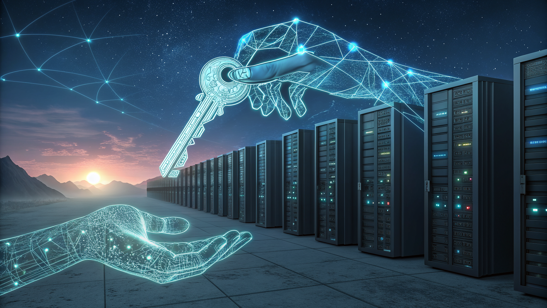 Translucent keys passing through a network of server towers, one slipping loose mid-transfer