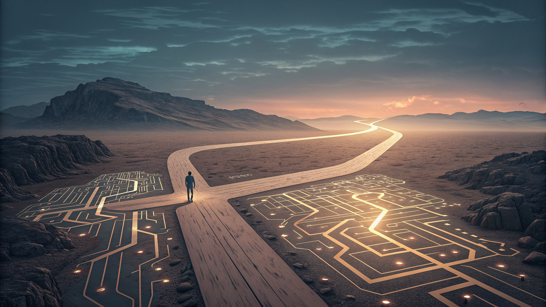 Two diverging glowing paths on an abstract terrain, one technical and low, one strategic and elevated.