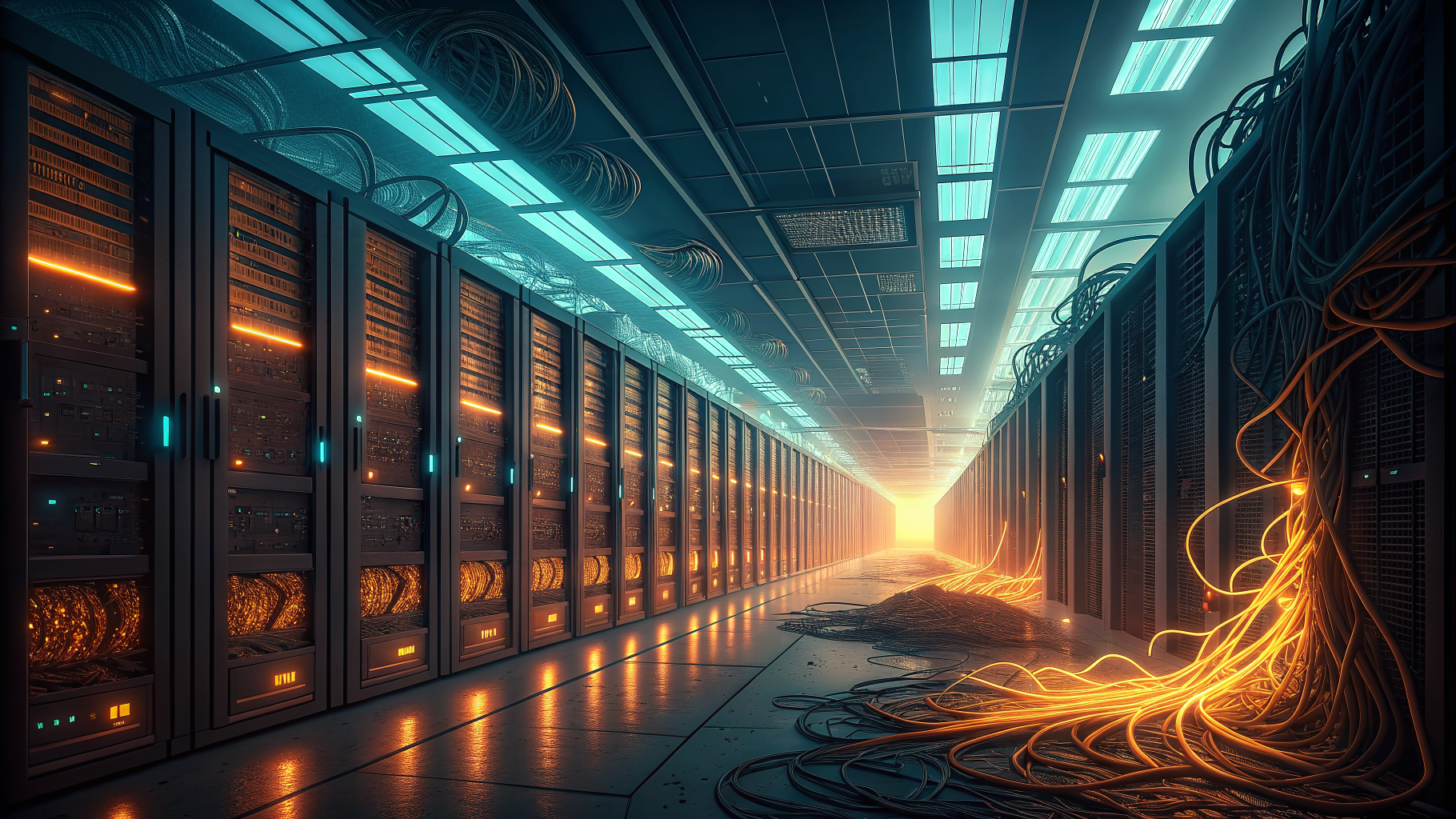 Server hall split between orderly, gated pathways and chaotic tangled light trails, symbolizing governed versus ungoverned