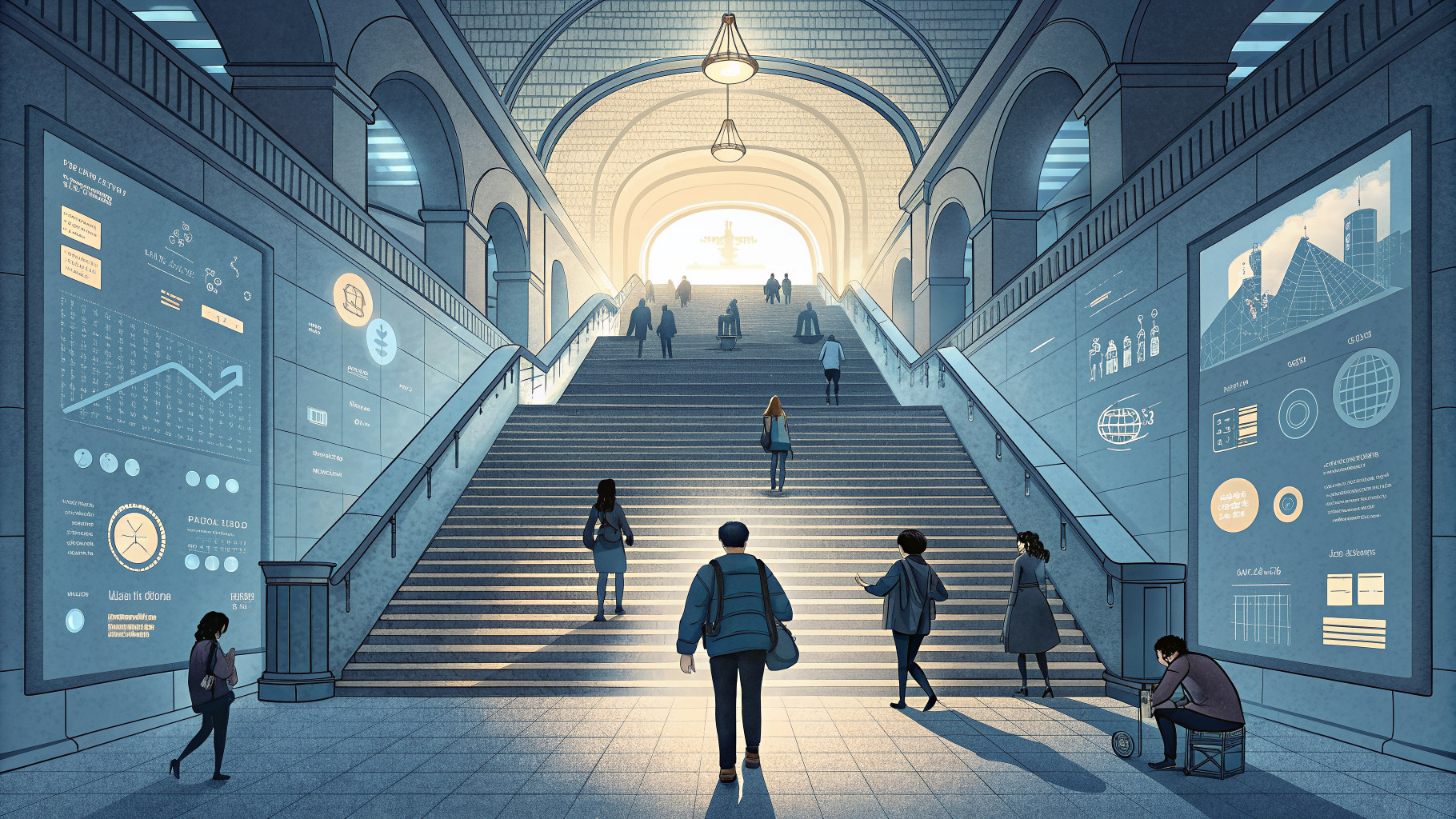 Illustration of a staircase with crowded lower steps and open upper steps, symbolizing the entry-level hiring squeeze