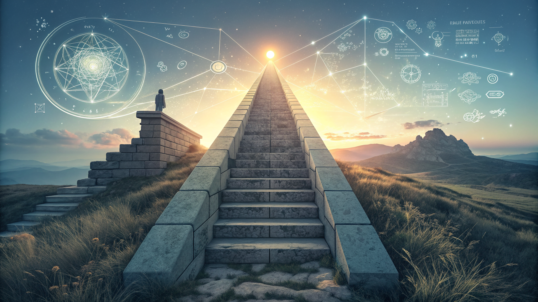 Two staircases, one stone and one translucent, merging into a single path rising toward the horizon