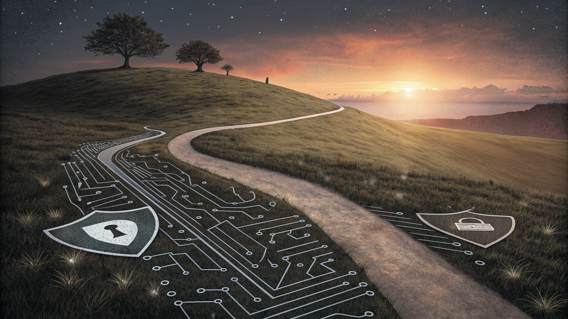 Two winding paths, one circuit-patterned and one shield-patterned, merging into a single road toward the horizon