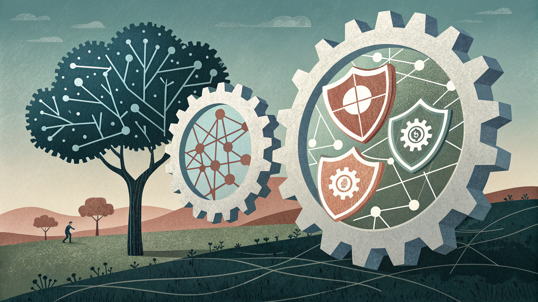 Two interlocking gears symbolizing security skills and AI skills fitting together