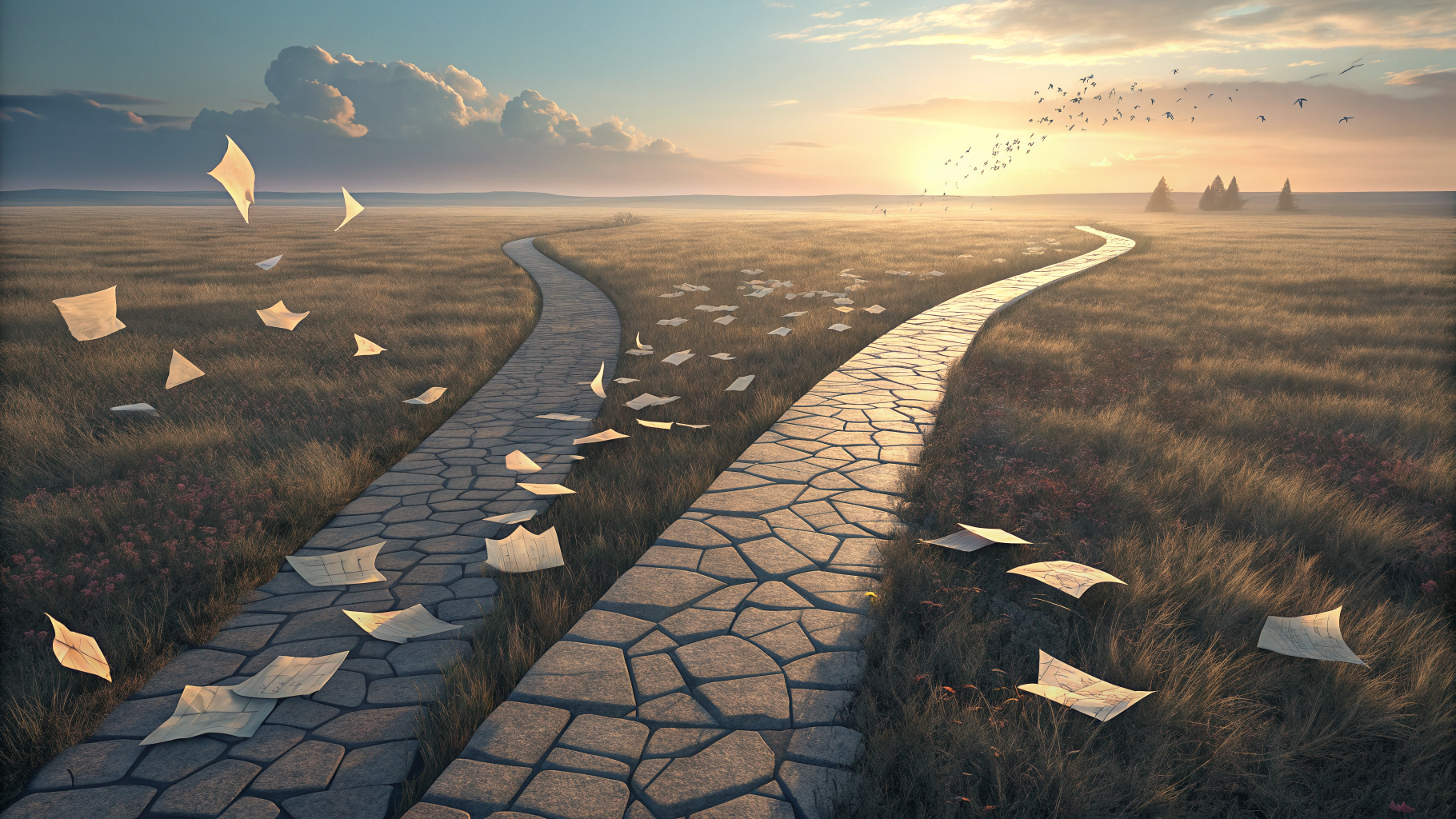 Two paths across a field, one of scattered loose paper and one of solid stone tiles, leading toward the horizon.
