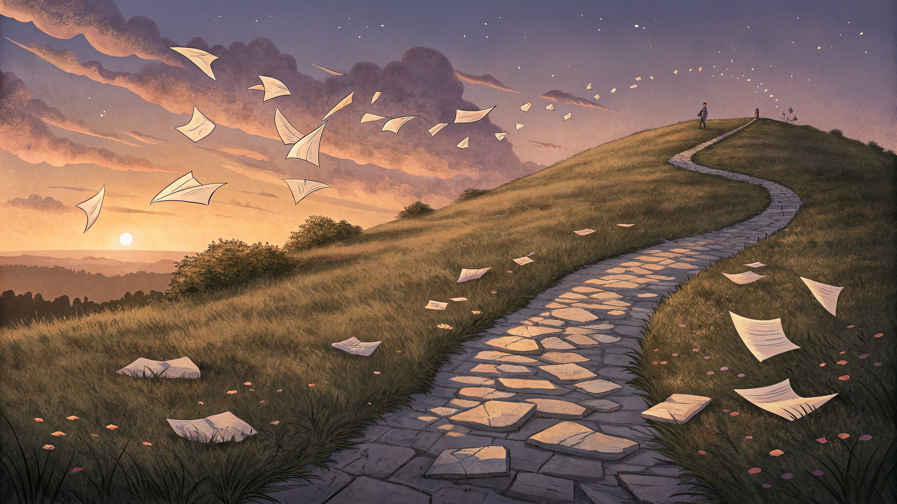 Two diverging paths at dusk, one scattered with loose papers, the other lined with solid stones toward the horizon