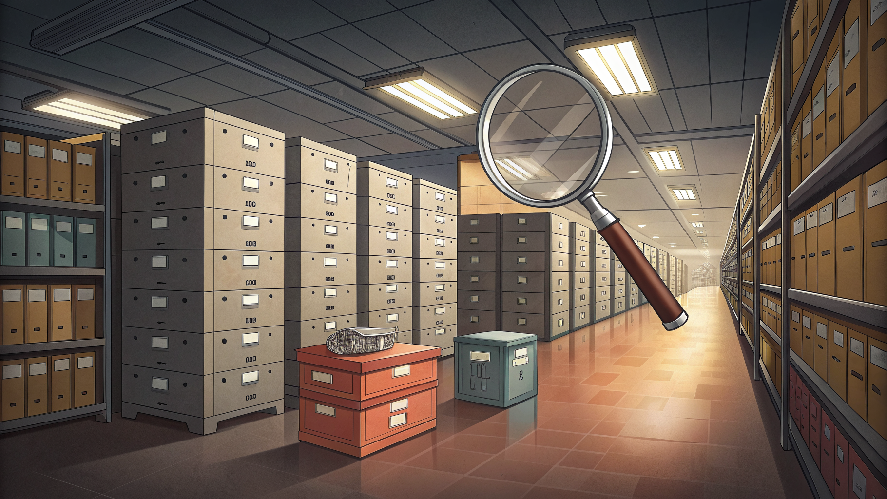 Rows of labeled storage containers in an archive under inspection, symbolizing data classification review