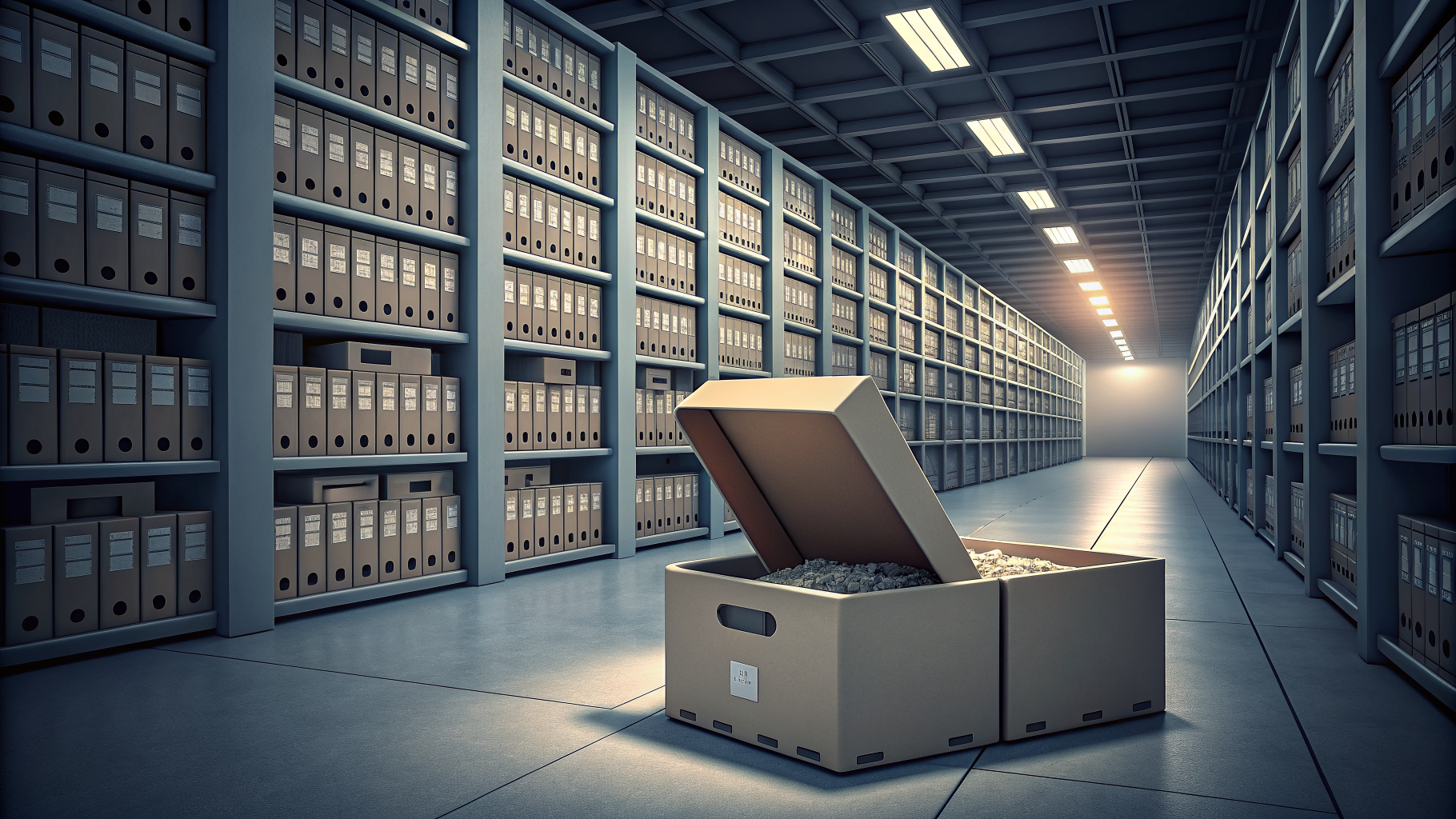 Rows of filing boxes with one open box empty, symbolizing backups that look complete but fail to restore