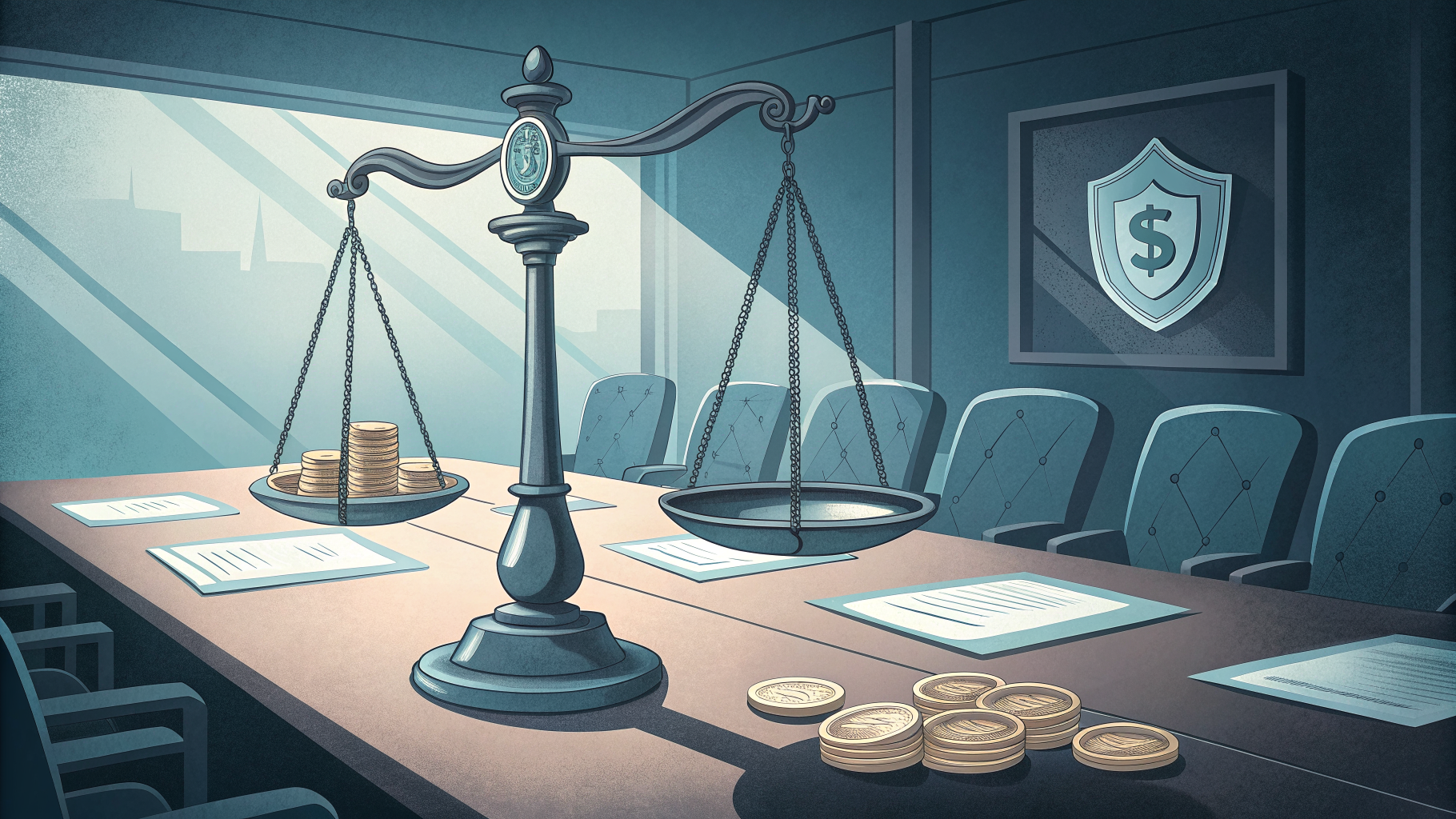 Balanced scales weighing cost against risk on a boardroom table, symbolizing security funding accountability