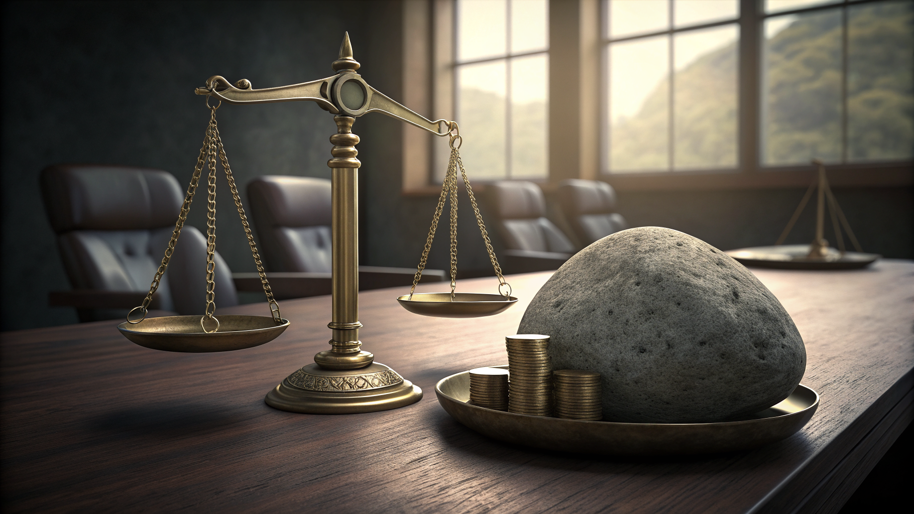 Unbalanced scale on a boardroom table representing a small cut weighed against a much larger cost