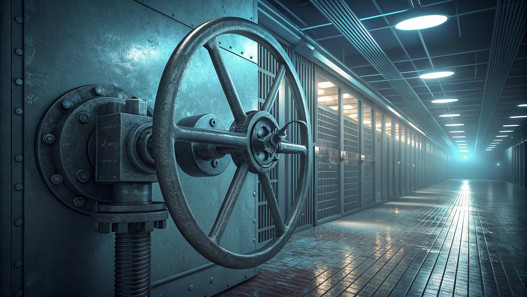 A half-turned valve wheel in a server corridor, symbolizing a change stopped midway through approval