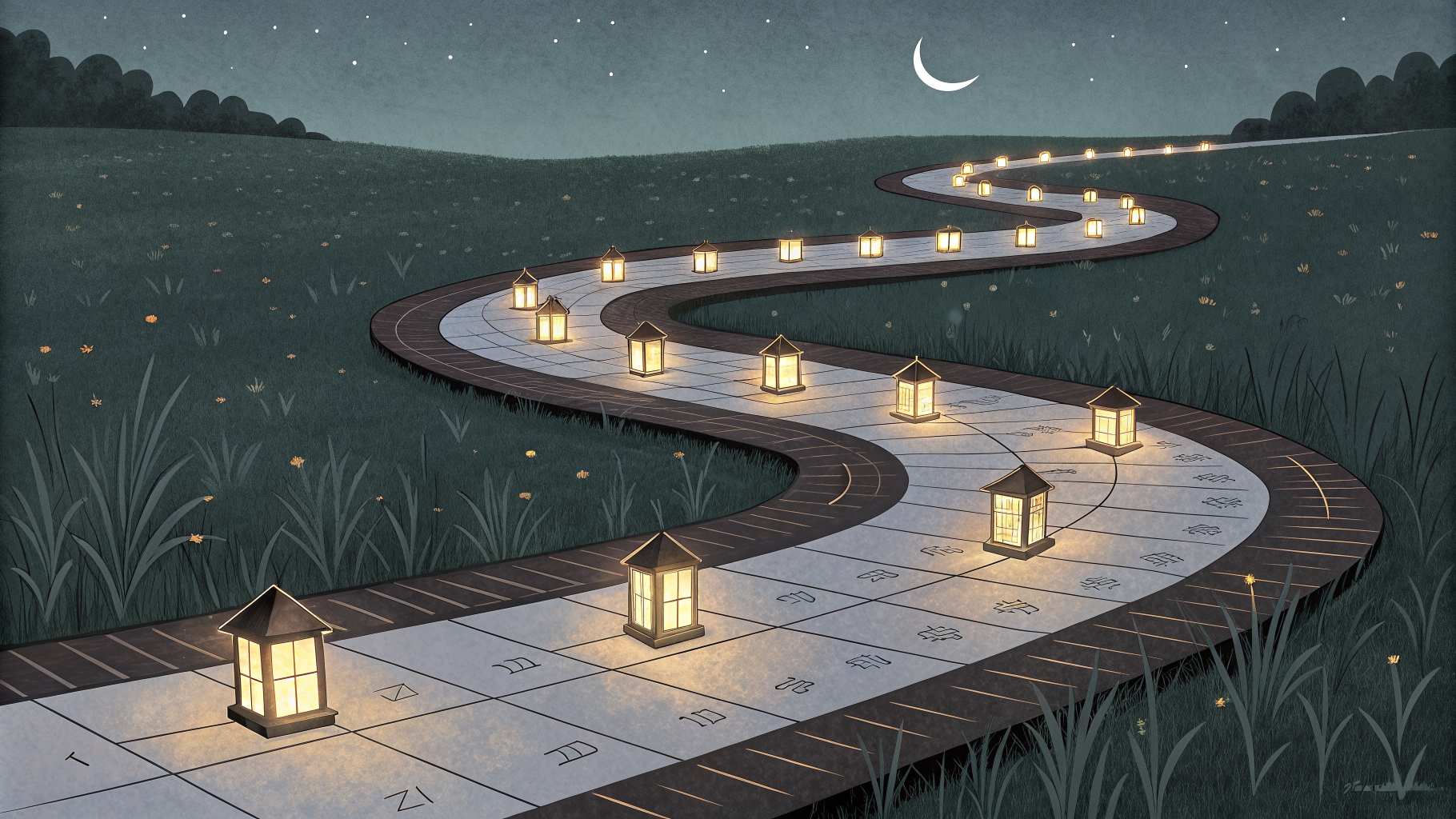 Two paths across a landscape, one lit with evenly spaced lights, the other dark except near the end