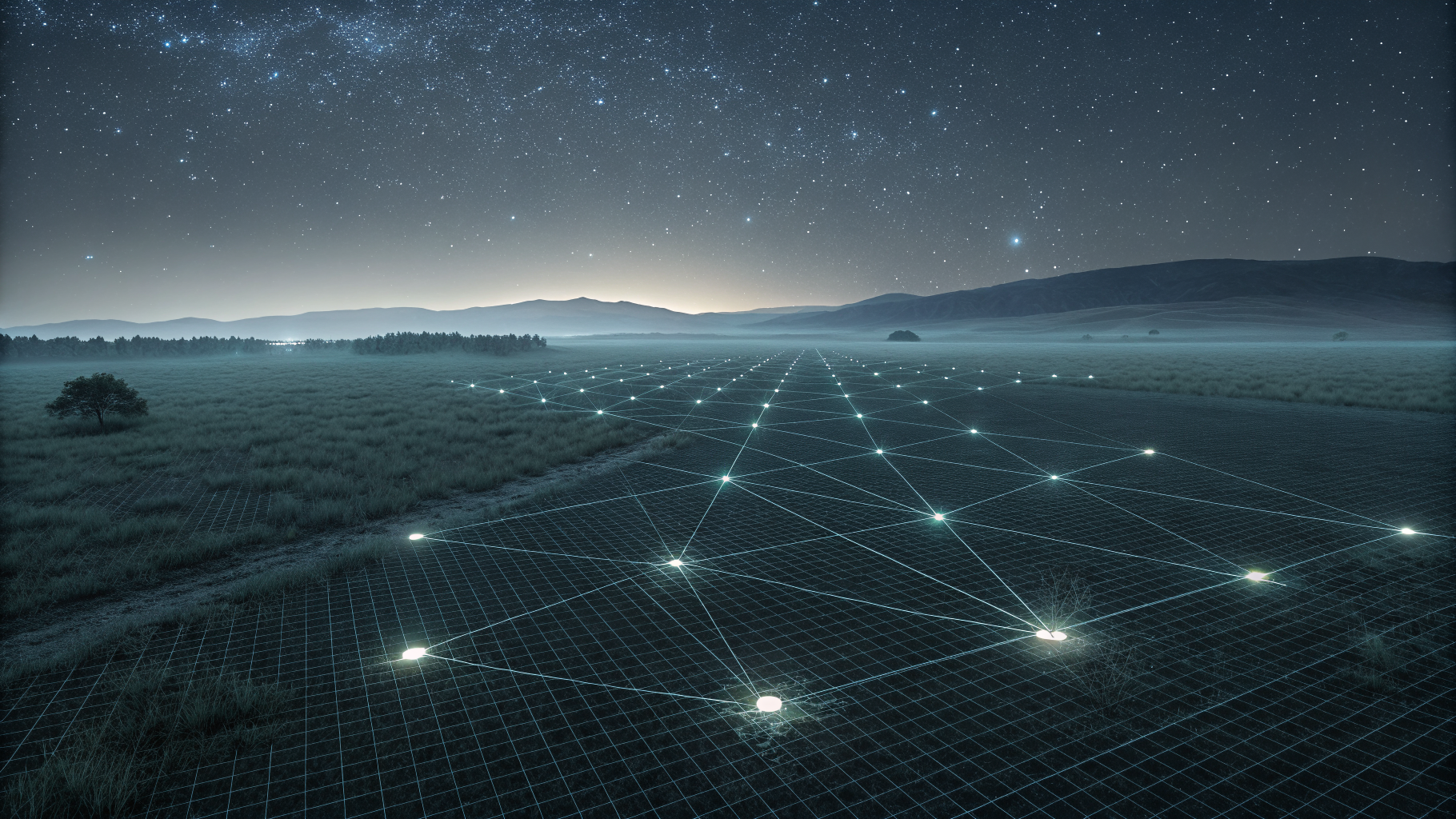 Scattered faint light points on a dark grid, a few connected by thin lines forming a pattern