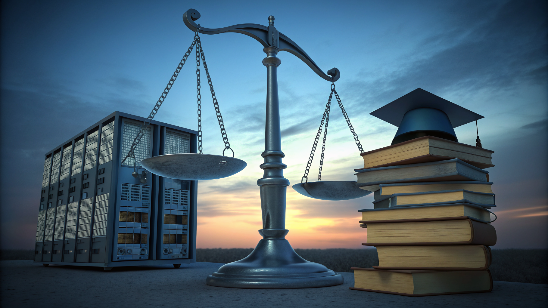 A scale balancing server hardware against stacked books, symbolizing technical controls weighed against verified staff