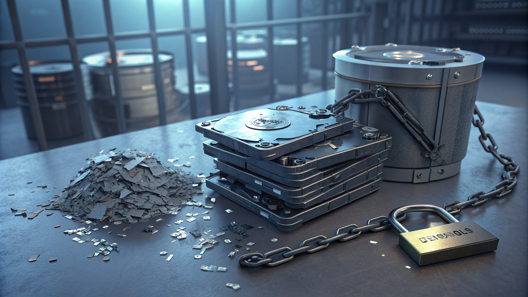 Dismantled hard drives and shredded metal fragments beside a sealed chain-of-custody folder on a workbench