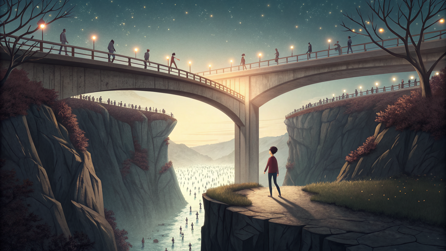 Two parallel bridges over a chasm, one fully crossed at once, the other tested gradually from one end