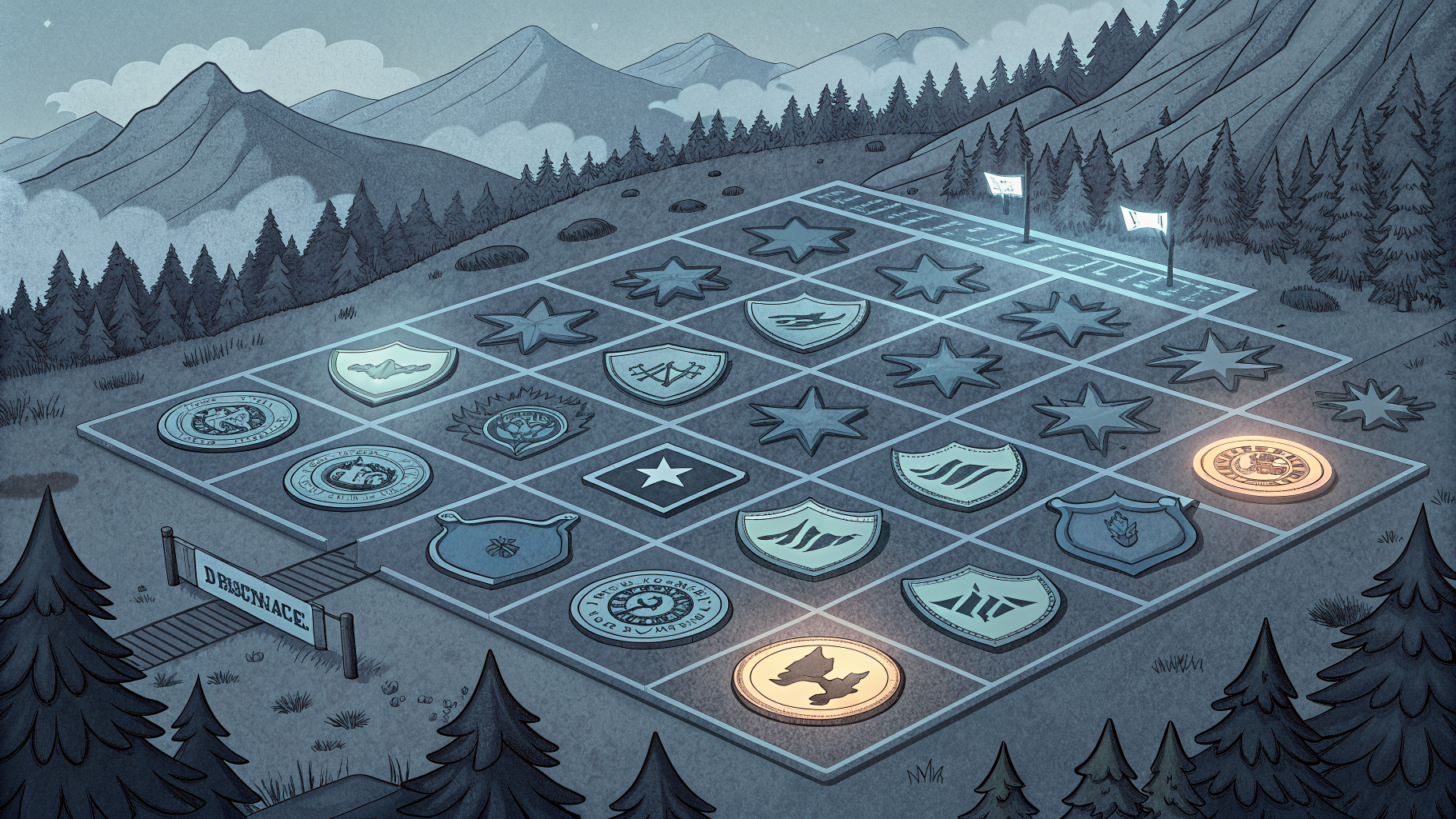 Abstract grid of glowing and dimmed badge shapes representing tracked, expiring workforce qualifications