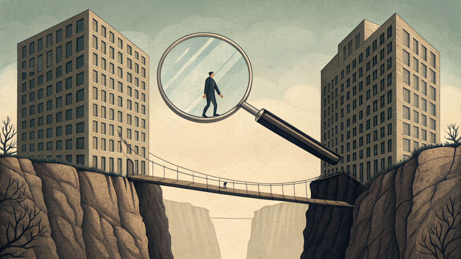 A bridge between two towers inspected by a magnifying glass, symbolizing verified tester qualifications.