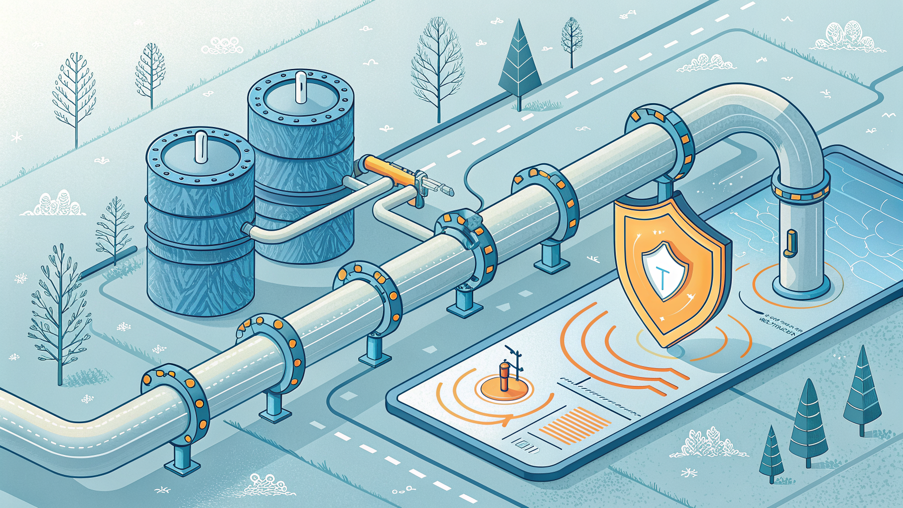 Data pipeline with some segments shielded and others exposed, representing gaps in encryption coverage