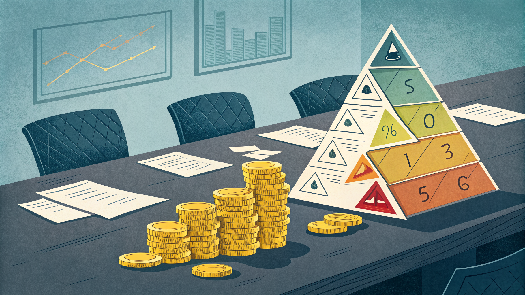 Color-coded risk warnings on one side of a table transforming into stacked coins on the other