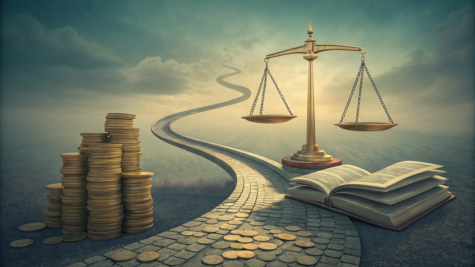 A conceptual illustration of a scale balancing a stack of coins against a shield and book, representing risk and investment.