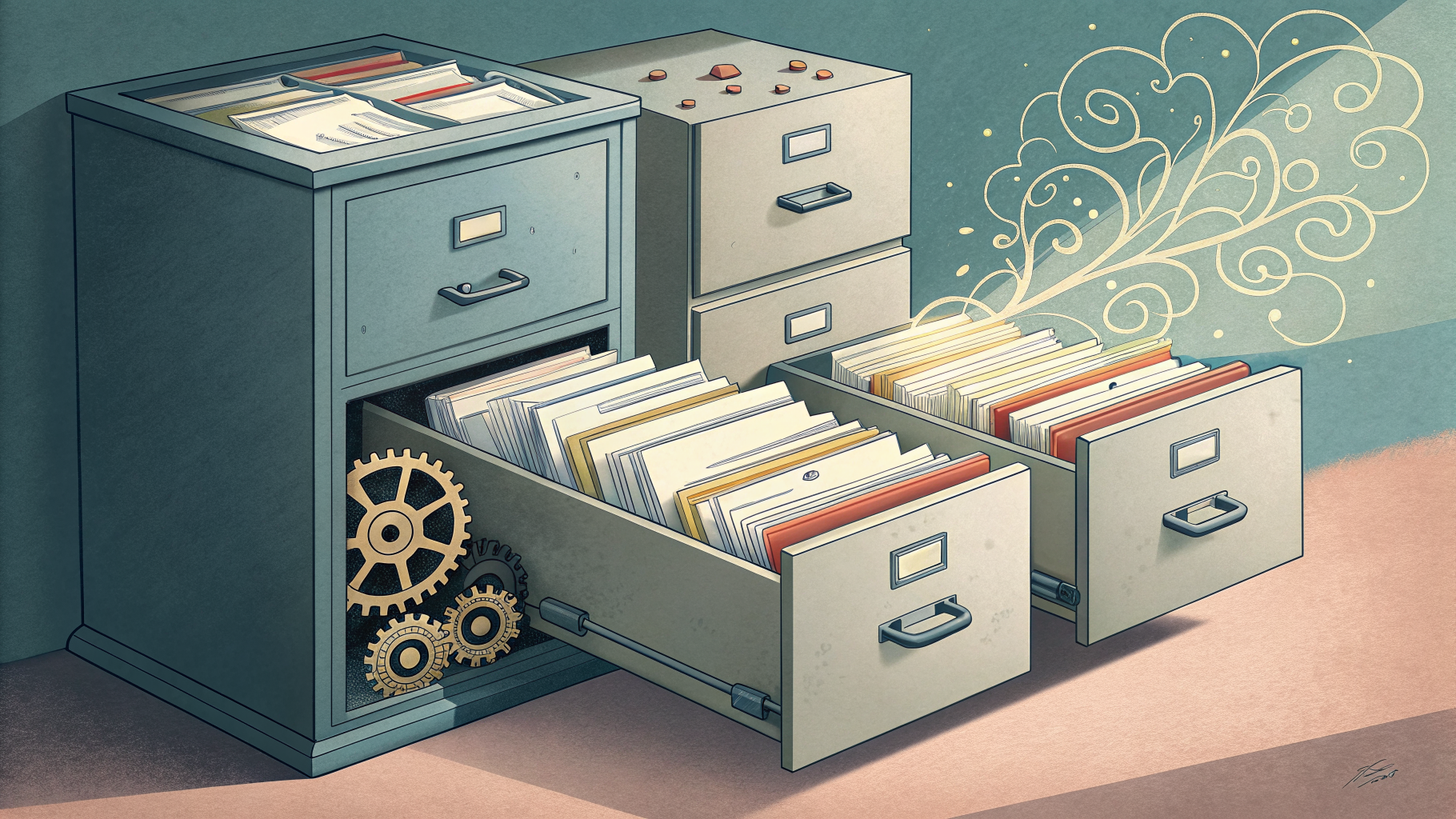 Illustration contrasting a closed file drawer with an open one revealing a traceable chain of documents and gears