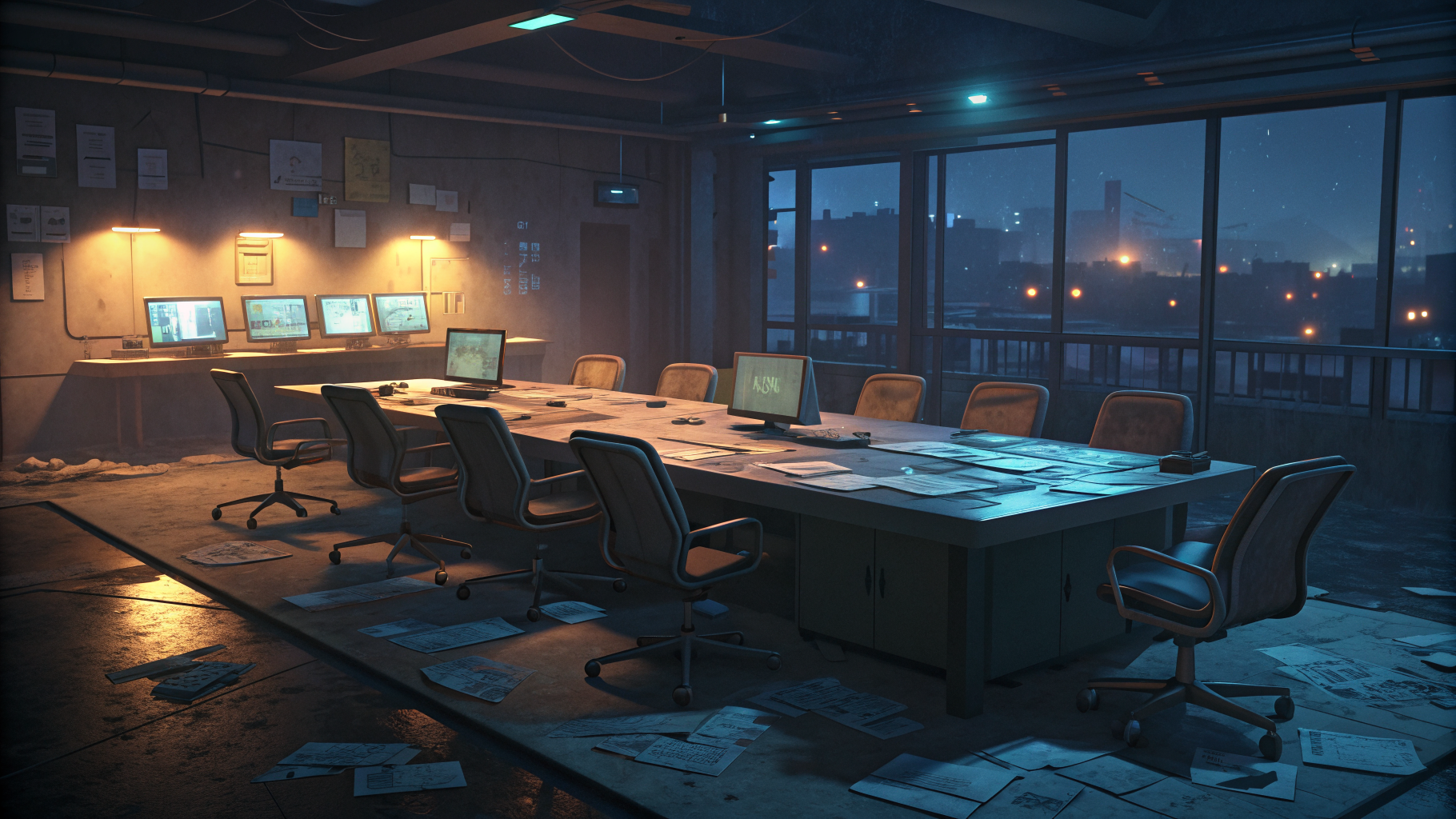 Empty operations room with glowing monitors, evoking the tension of coordinated incident response leadership