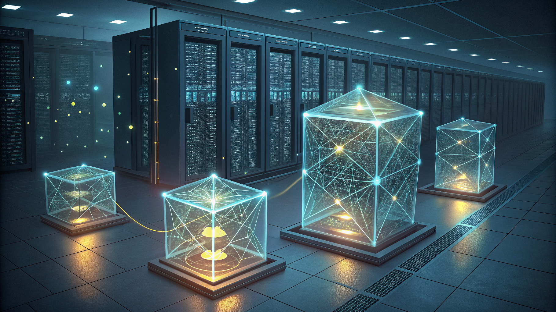 Three distinct interlocking lattice structures floating above a server room, representing separate security frameworks
