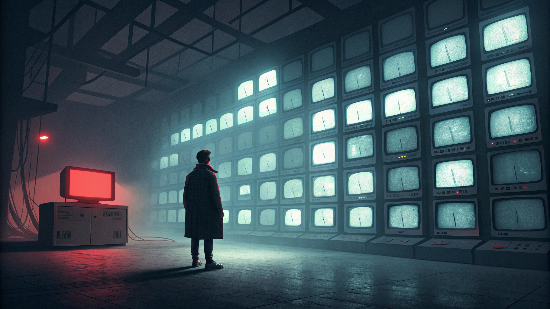 A figure in a control room where most screens fade to static except one glowing early-warning signal