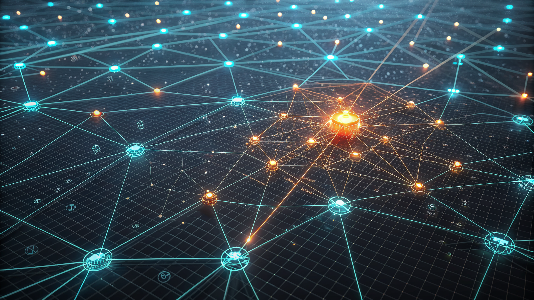 Abstract network illustration of countless small machine nodes surrounding a few human-scale nodes
