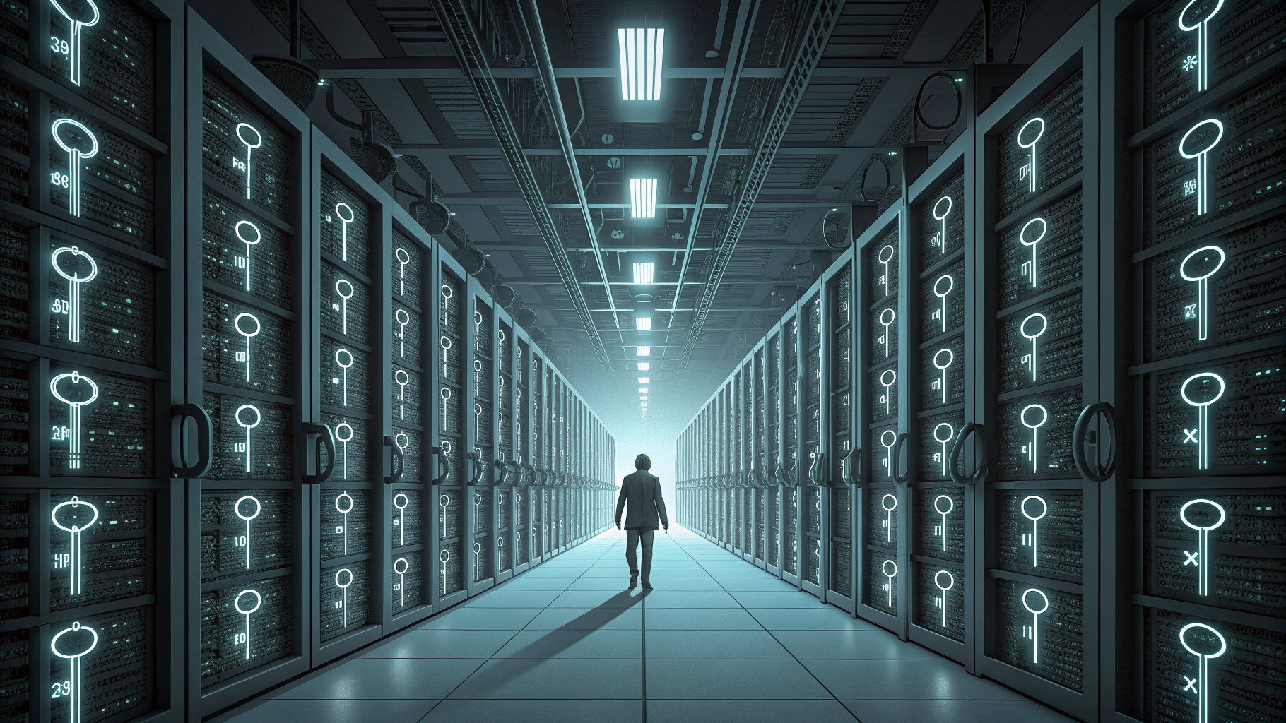 Rows of glowing key-shaped tokens on server racks stretching into the distance beside one small human figure