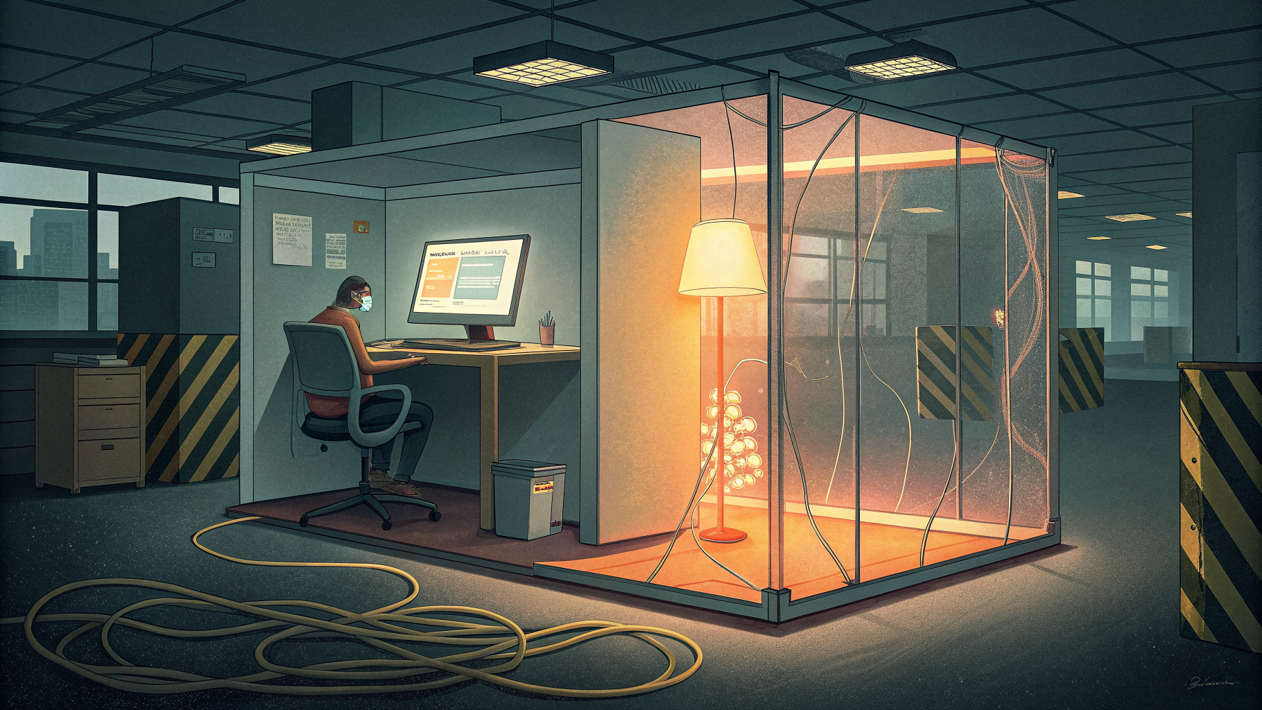 An isolated workstation cordoned off from a network, symbolizing quarantine during malware removal.