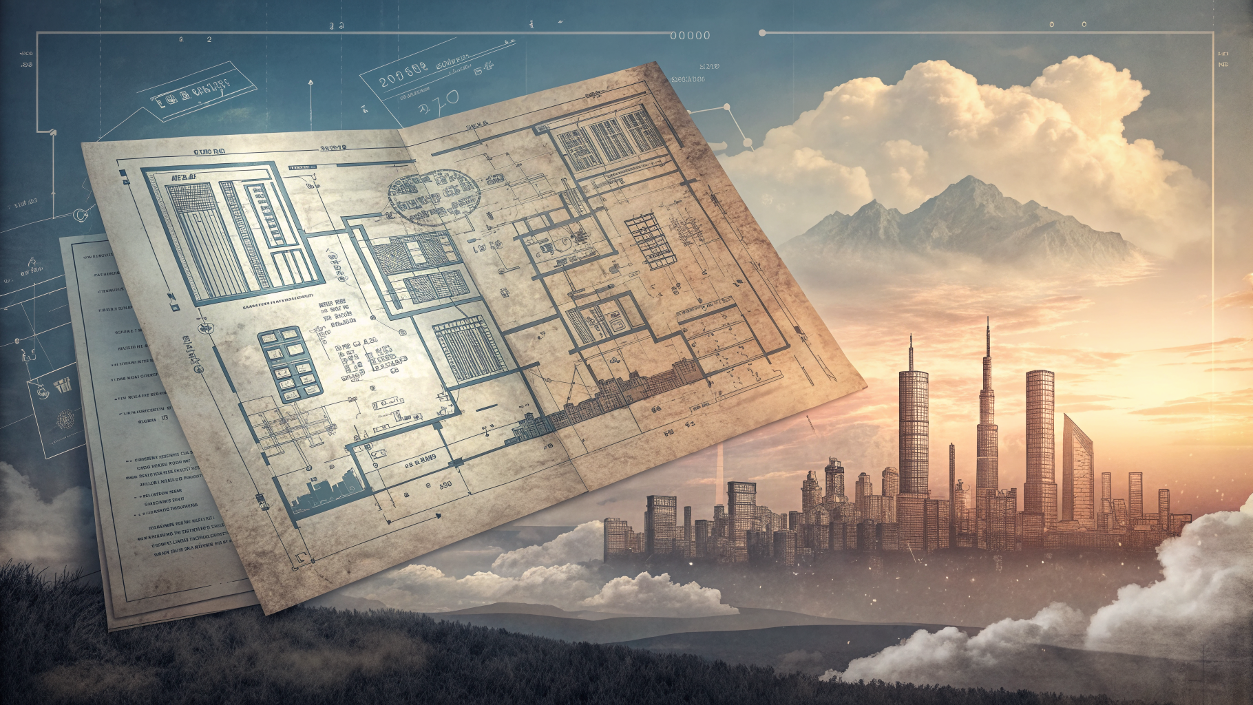 Two overlapping blueprint layers over a cloud skyline, symbolizing a security certification being redrawn