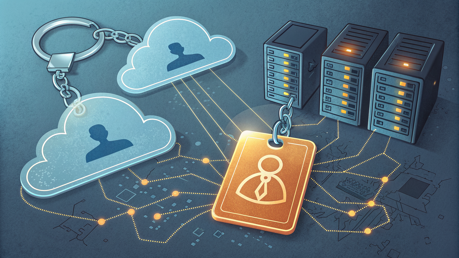 Abstract illustration of human and machine identity badges linked by threads above a cloud server outline