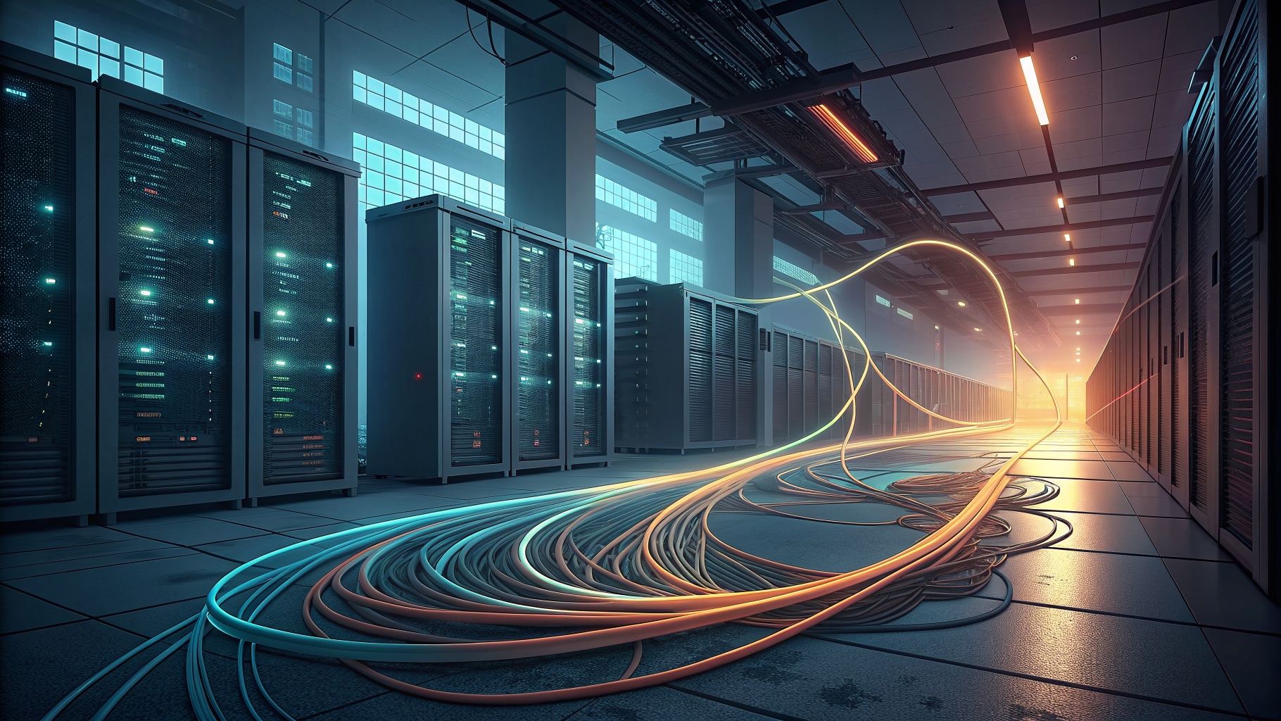 Overlapping streams of light converging into one pattern above a dim data center floor
