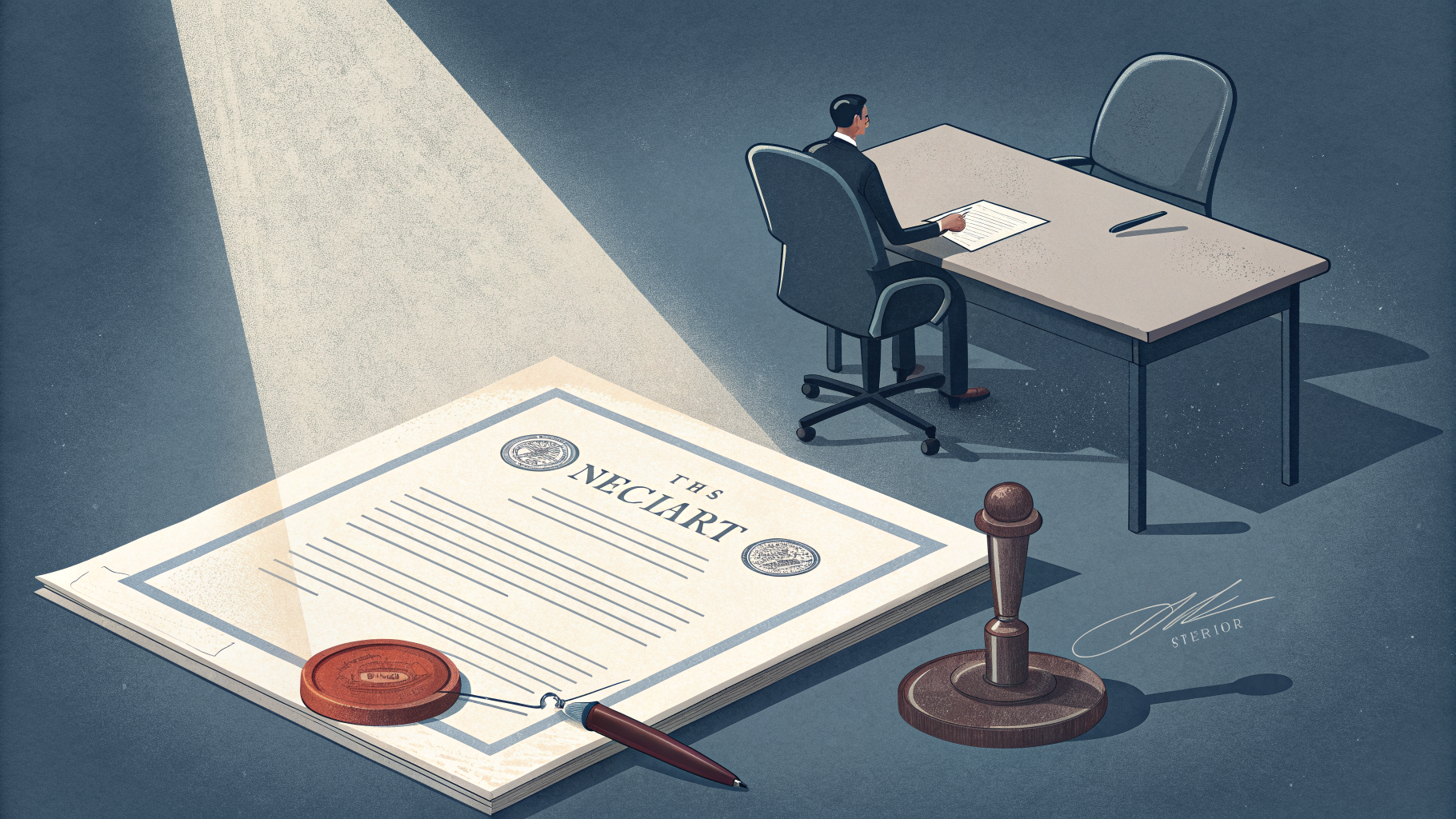 Editorial illustration of a regulatory seal being stamped over a document beside an empty chair under a spotlight