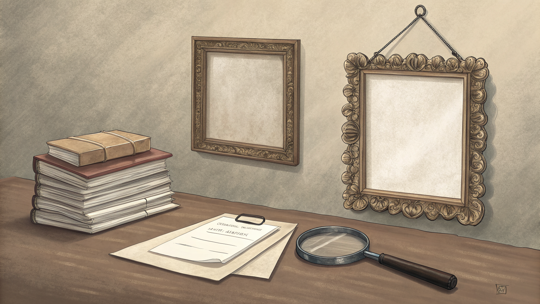 An empty frame on an office wall above a desk with blank papers and a magnifying glass