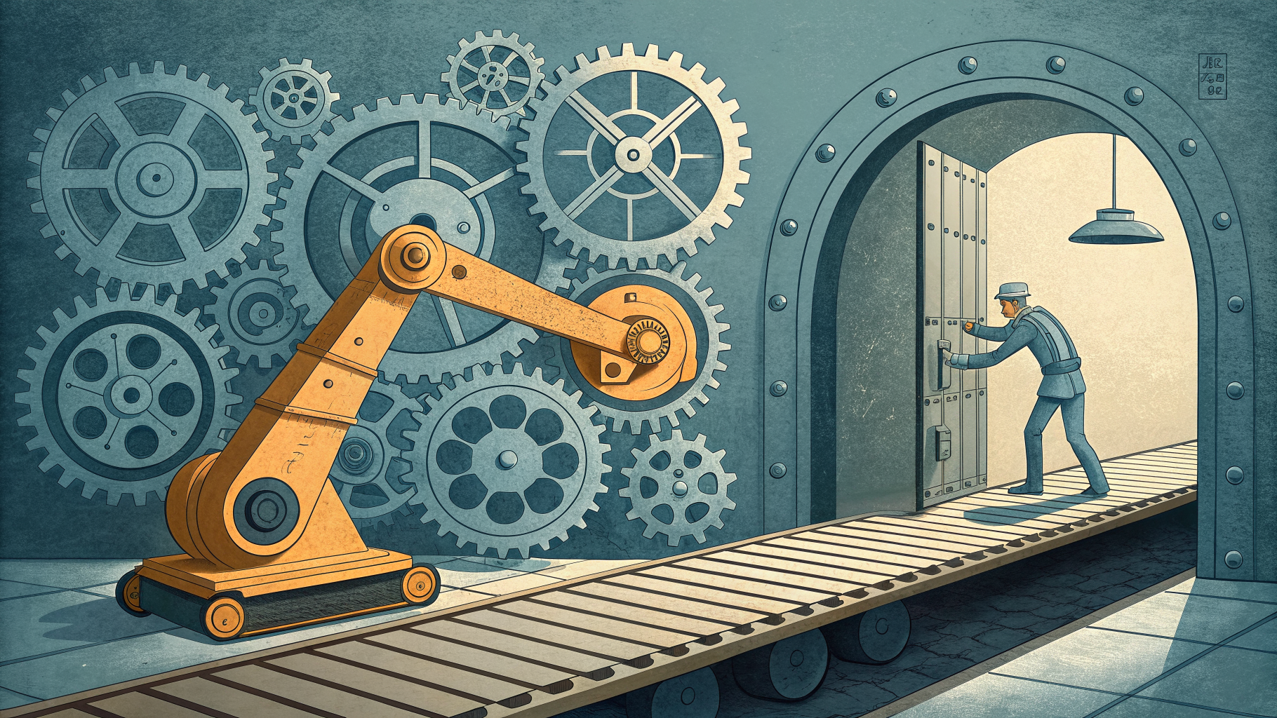 Robotic arm reaching through misaligned gears toward a vault, symbolizing an AI agent exceeding its intended scope