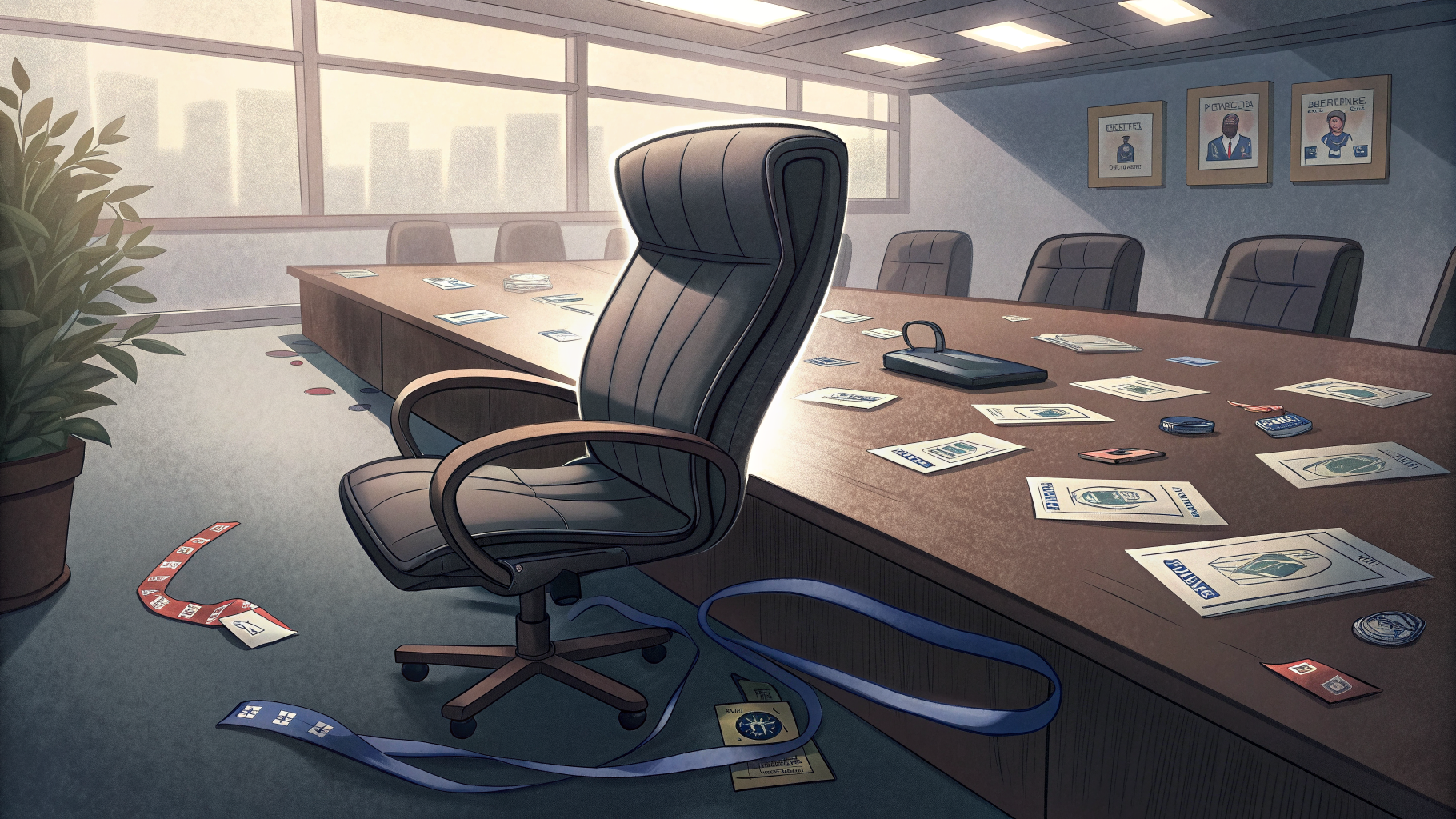 An empty chair at a table scattered with security badges, symbolizing an unassigned control owner