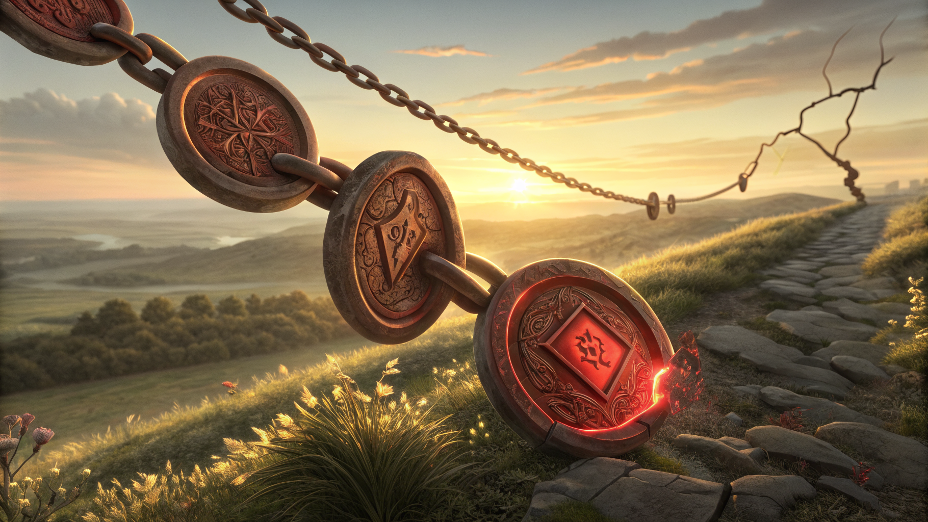 A chain of trust emblems stretching across a horizon with one link cracked and glowing.