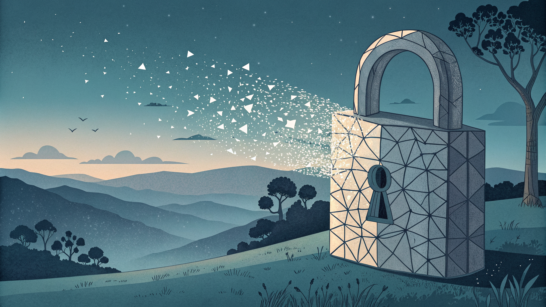 A padlock built from lattice fragments dissolving into crystalline shapes against a dark horizon