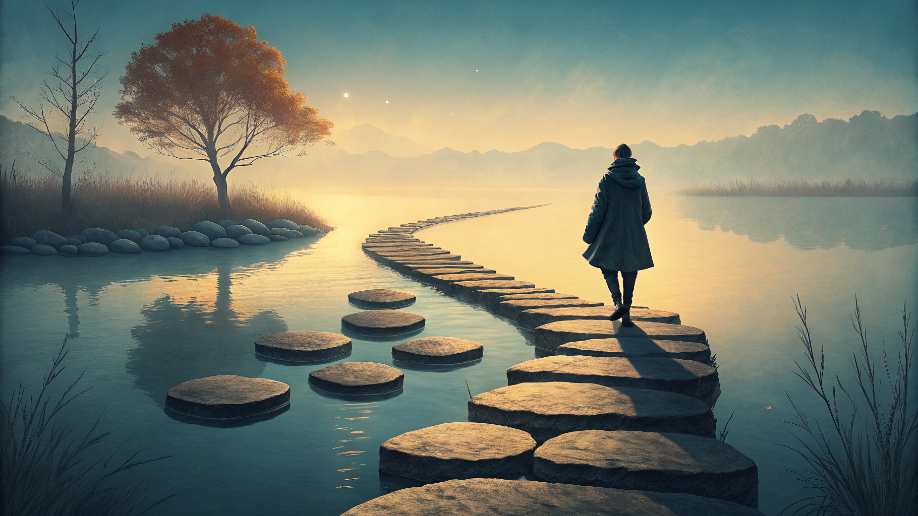 Two diverging stone paths over water, one uniform and fading, one varied and leading toward clear light