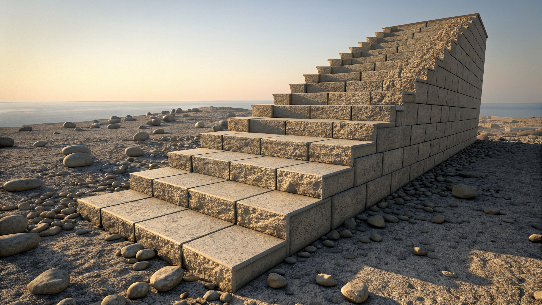 Ascending stone staircase growing more orderly with each step, symbolizing security program maturity
