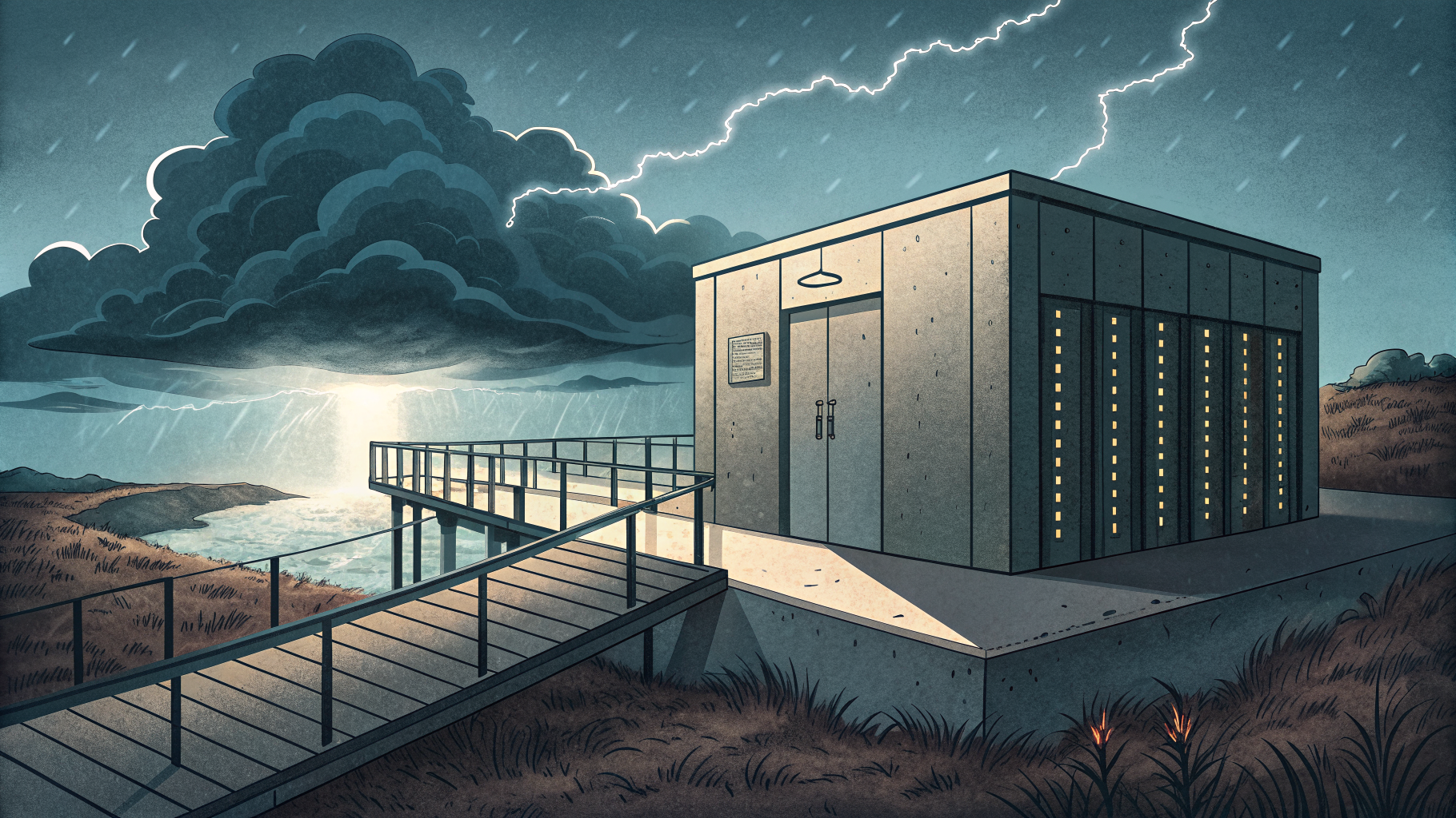 Isolated fortified vault structure separated from a stormy network by a single narrow bridge