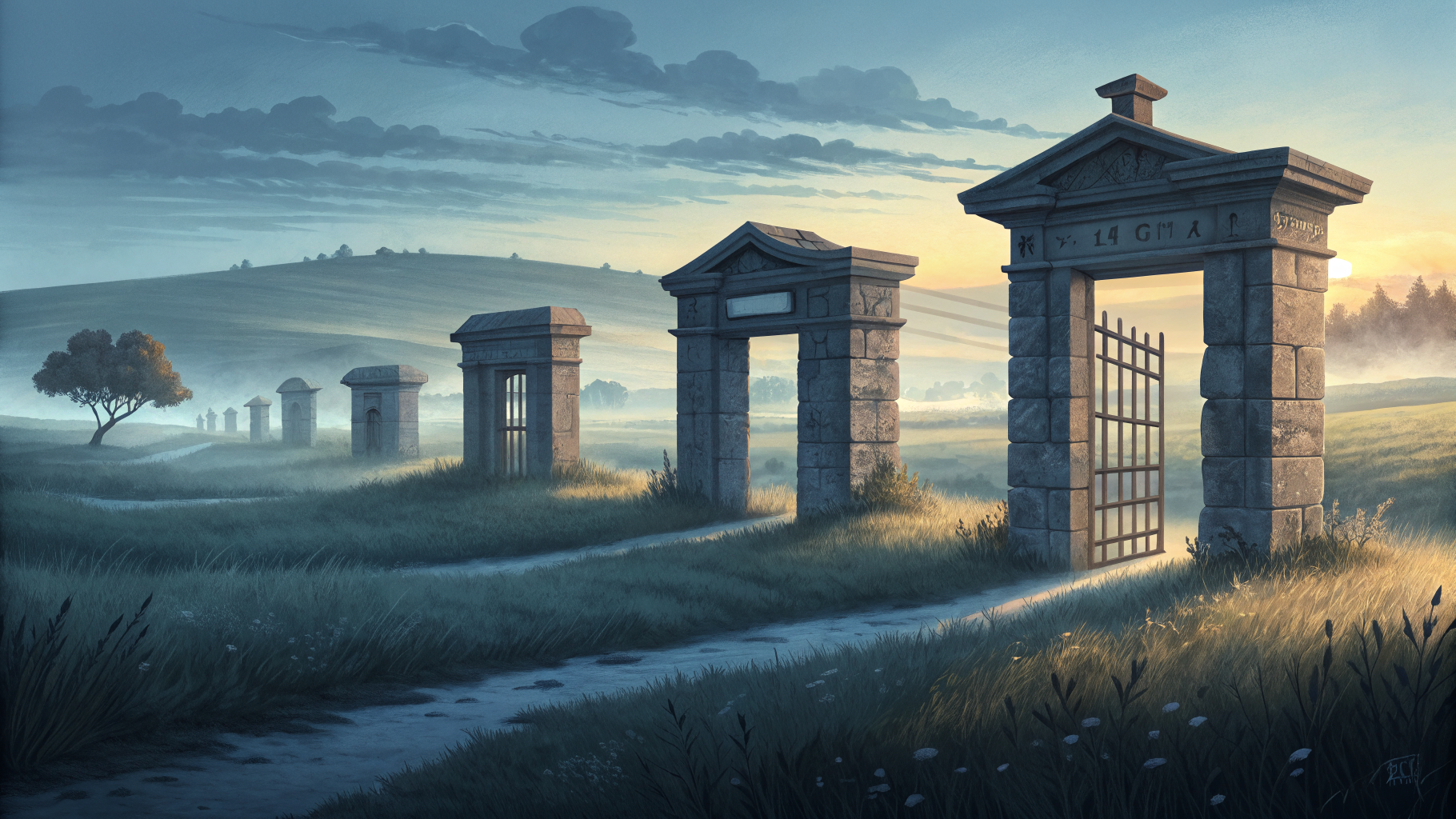Four differently designed stone gateways open at varying widths, representing distinct access control approaches