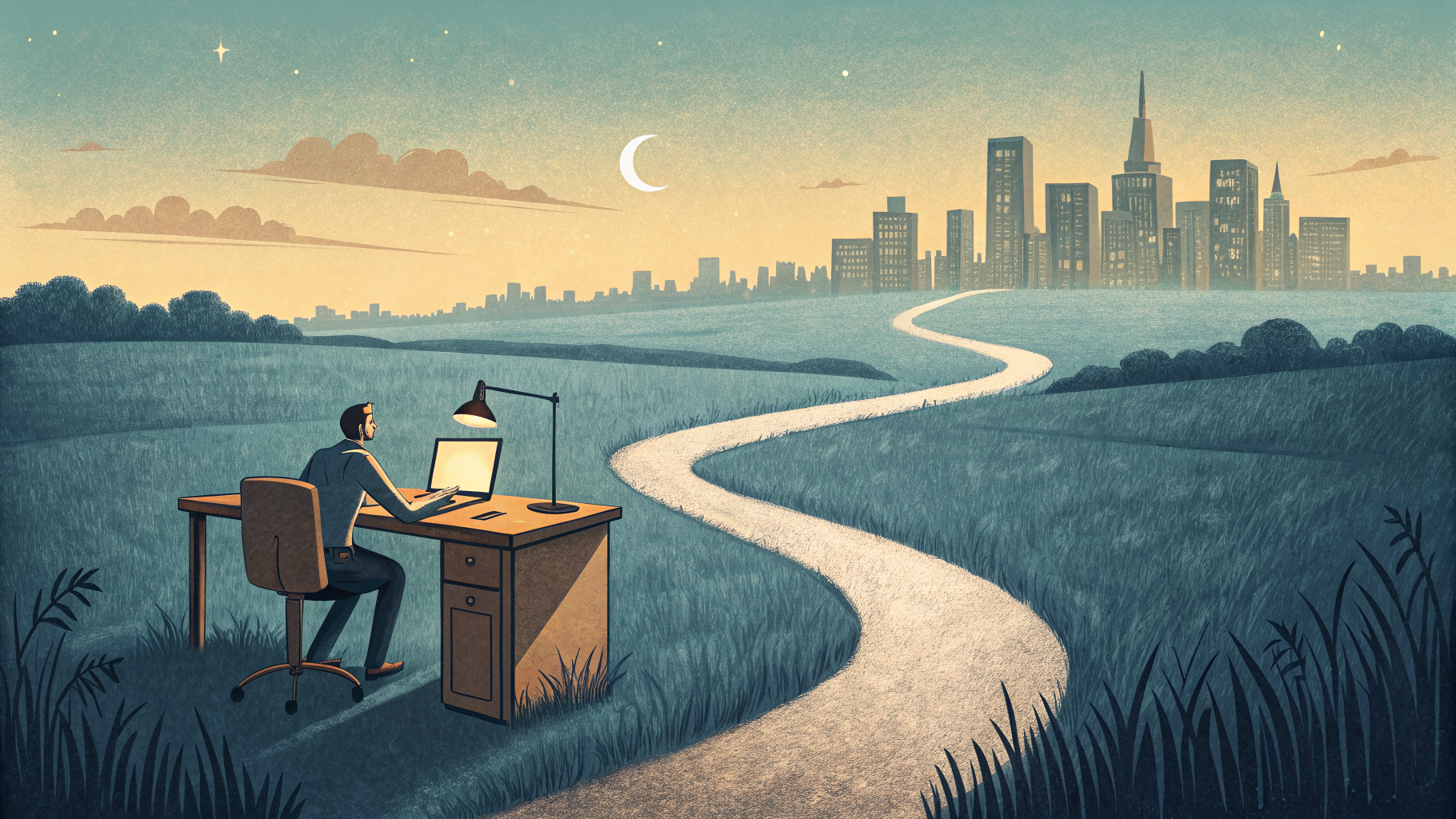Two diverging paths from a desk, one toward a distant skyline, one looping back through a glowing workspace