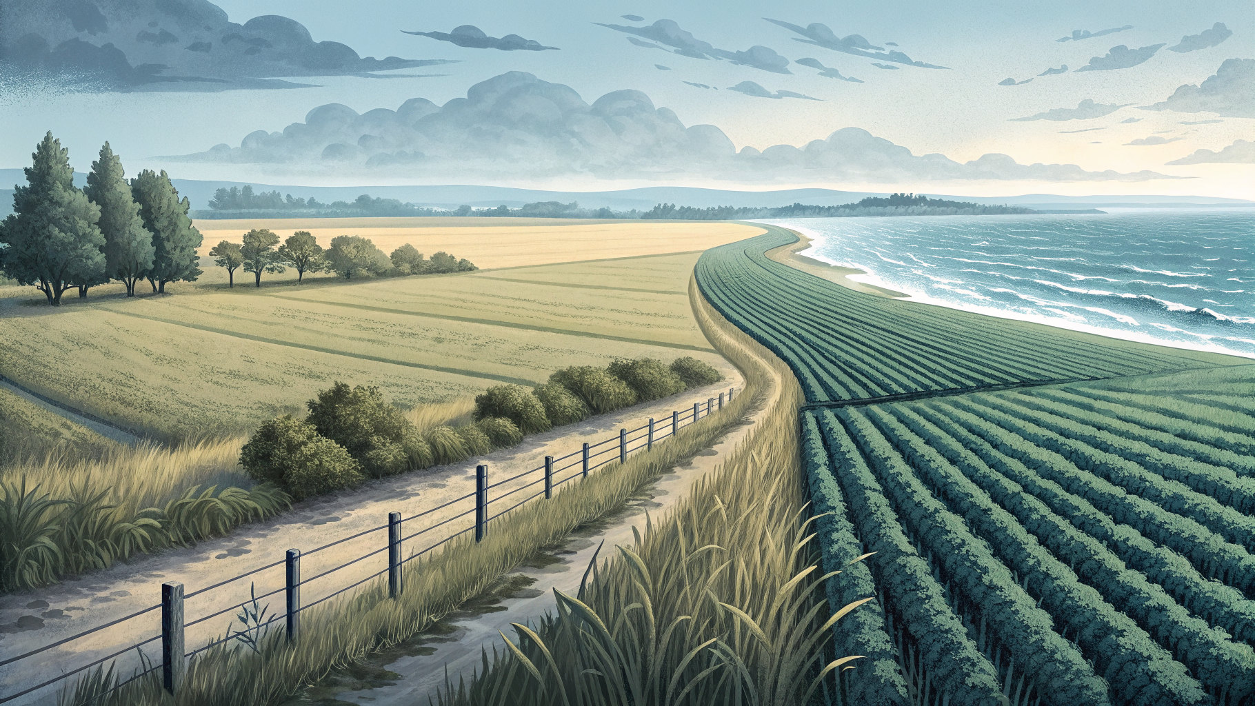 A landscape split by a boundary line between open terrain and a carefully bounded garden, symbolizing risk appetite versus