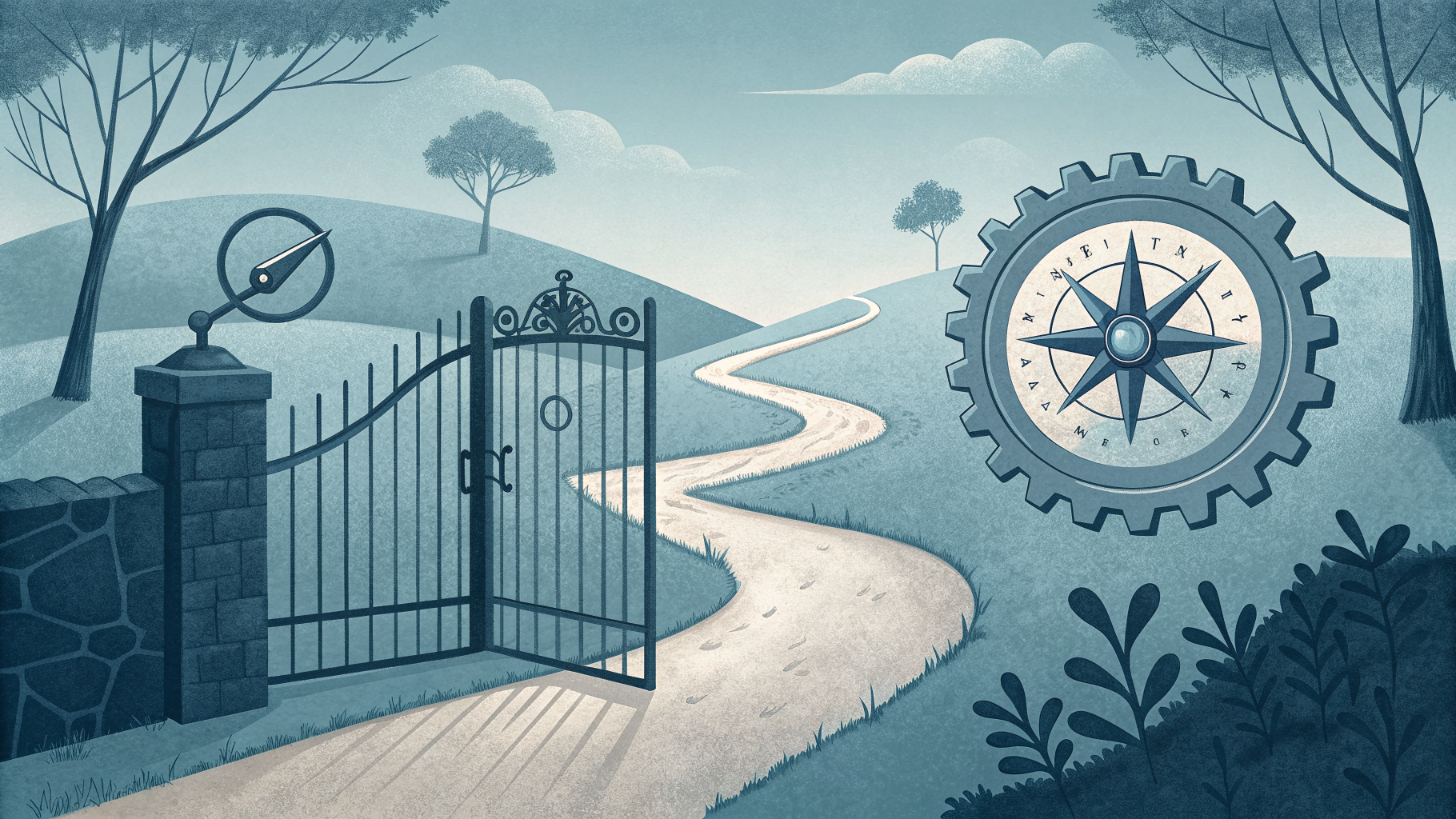 Two distinct paths, one marked by a compass and one by a gear, converging at a locked gate