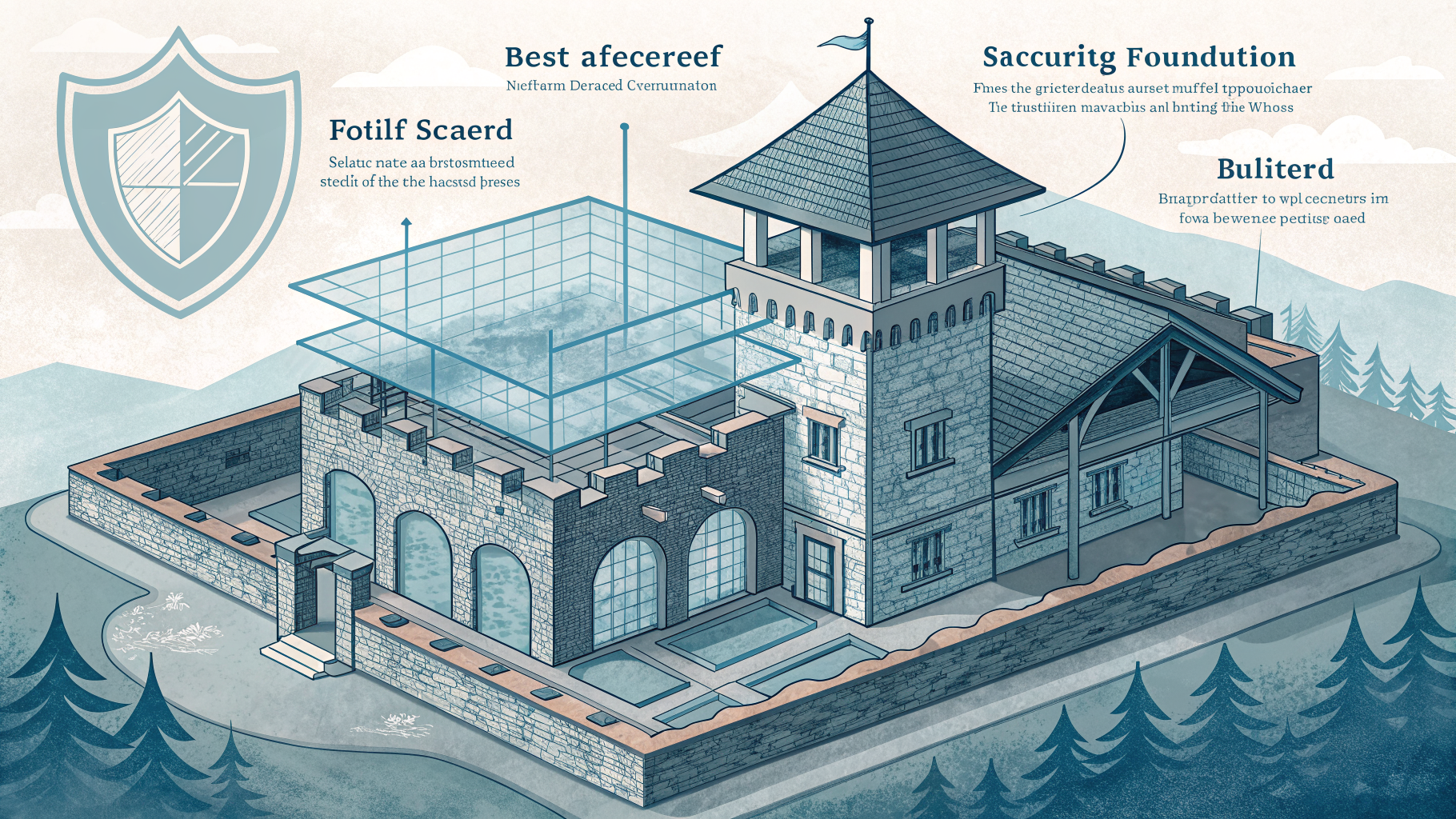 Blueprint morphing into a fortified structure with shields built into its foundation, not added on top