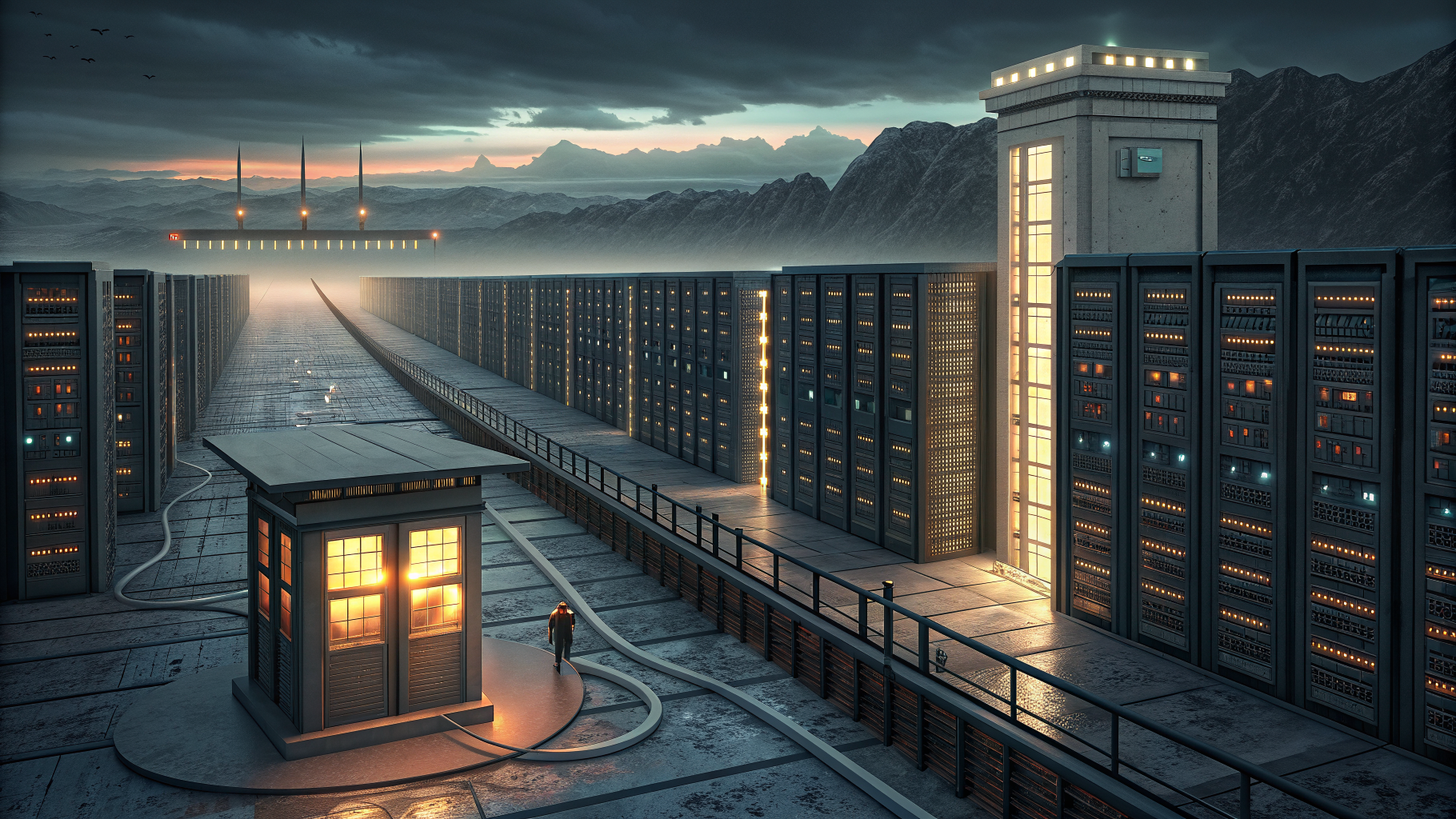 A vast server landscape dwarfing one small fortified structure connected by a narrow bridge